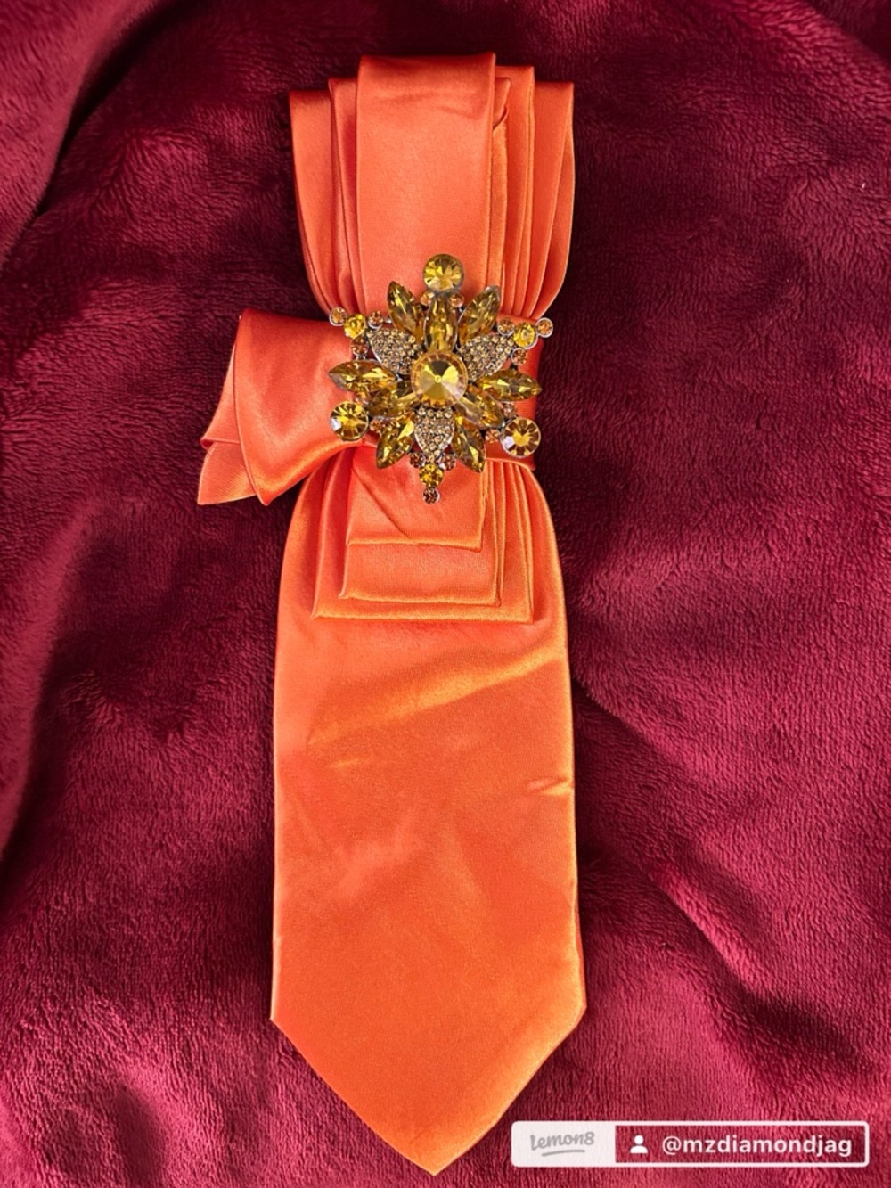 Orange Satin Statement tie with an Elegant Crystal Accent brooch